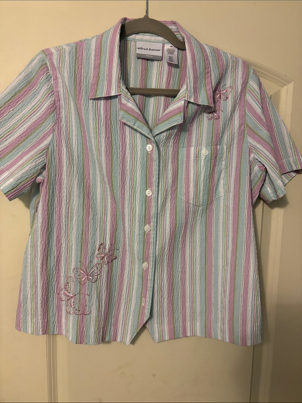 Alfred Dunner Pastel Striped Short Sleeve Button-Up - Pink, Green & Blue